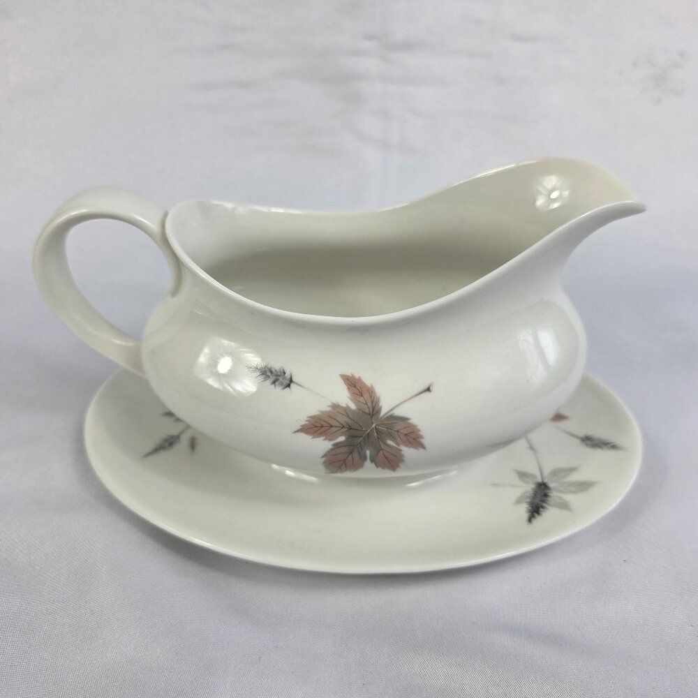 Royal Doulton Tumbling Leaves Gravy Boat & Underplate Gray & Pink Leaves